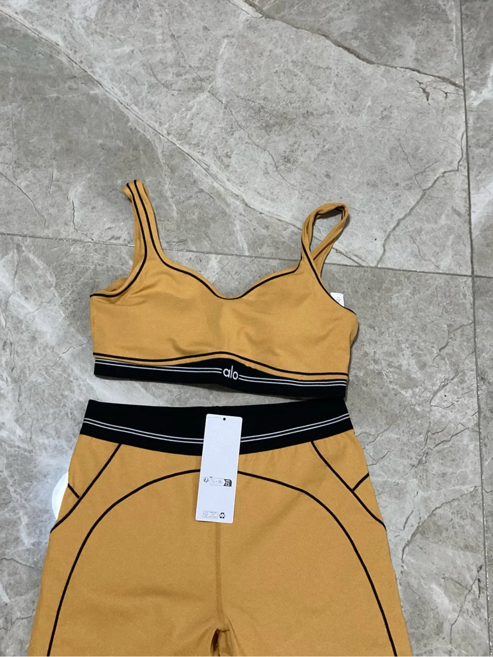 ALO Yoga Mustard Yellow Legging and Crop Top Set with Black Waistband